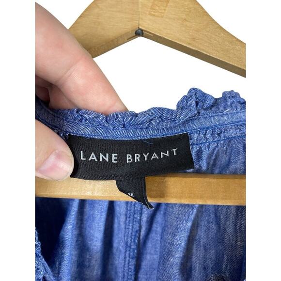 Lane Bryant Top 14 XL Button Up Chambray Tie Front Blue Pin Up Preppy Linen Blnd - Picture 7 of 9